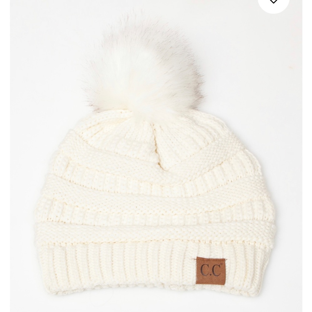 C.C Zag Knit Ivory Sherpa hat with white pom
